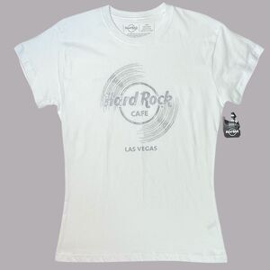Hard Rock Cafe Las Vegas Tee White with Silver Logo Vinyl Ladies L NWT T-Shirt